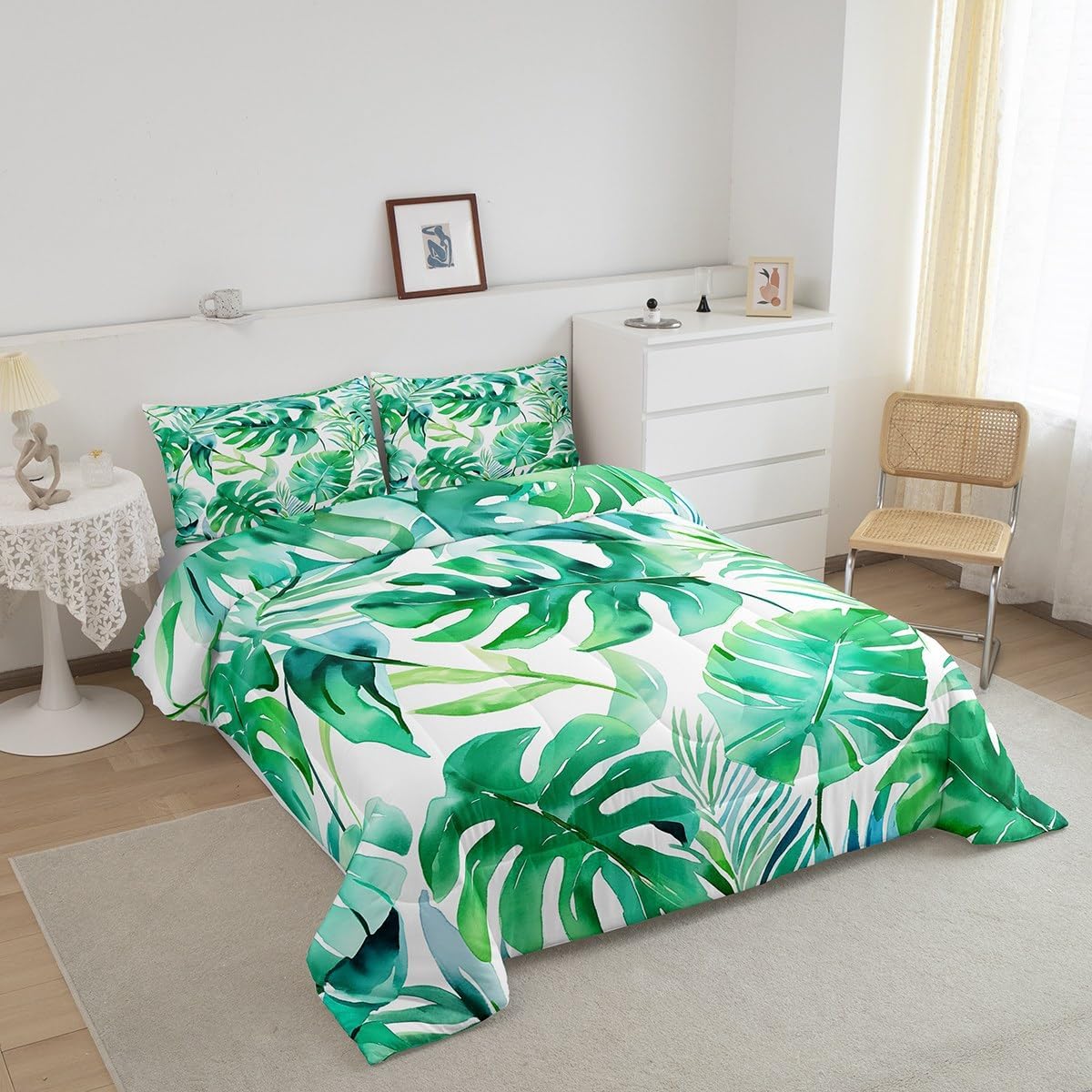 Castle Fairy Palm Leaves Tropical Comforter Set,Spring Summer Seaside Tropical Trees Green Leaves Bedding Comforter Sets Full,Rustic Style Botanical Plants Quilt Comforter with 2 Pillowcases