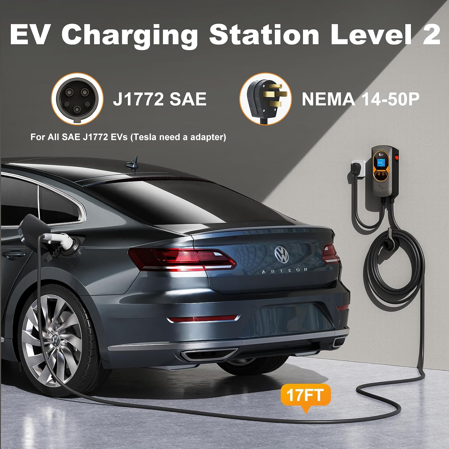 Diagram showing J1772 SAE connector and NEMA 14-50P plug, with an EV charging from the wall-mounted unit.