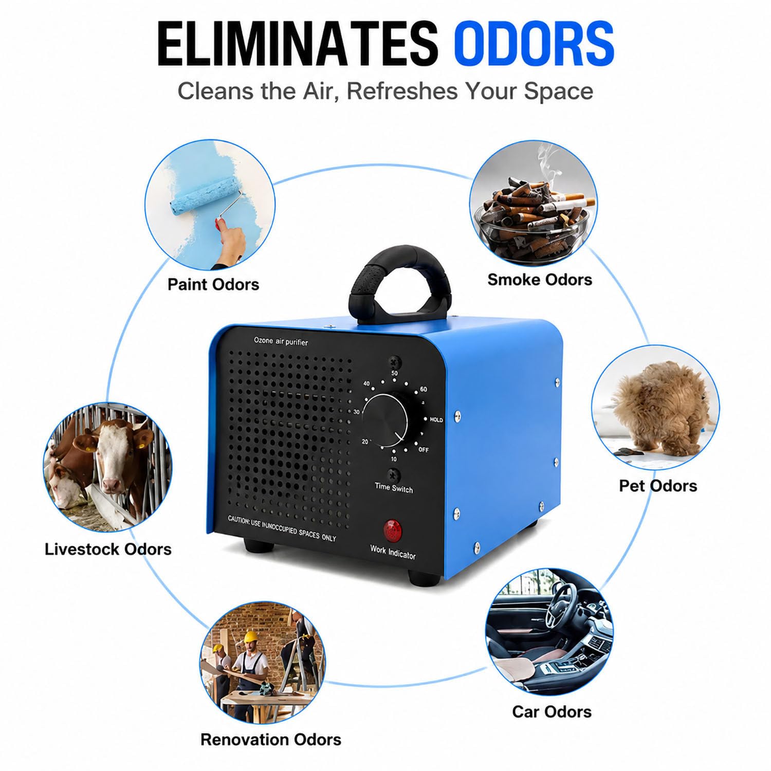 Generator ozonu – przenośny, komercyjny eliminator zapachów z timerem, przemysłowy oczyszczacz powietrza do samochodu, garażu i pustych pomieszczeń