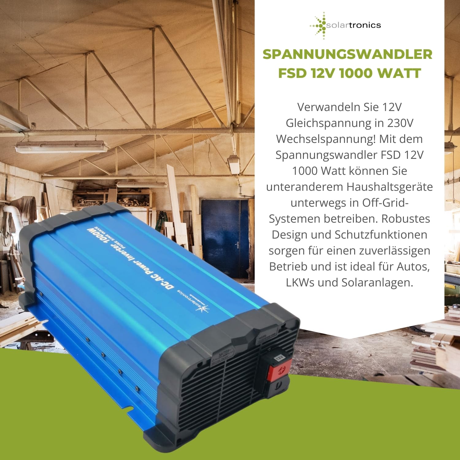 solartronics Przetwornica napięcia FS1000D 12 V 1000/2000 W czysty sinus niebieski z wyświetlaczem z pilotem zdalnego sterowania kabel