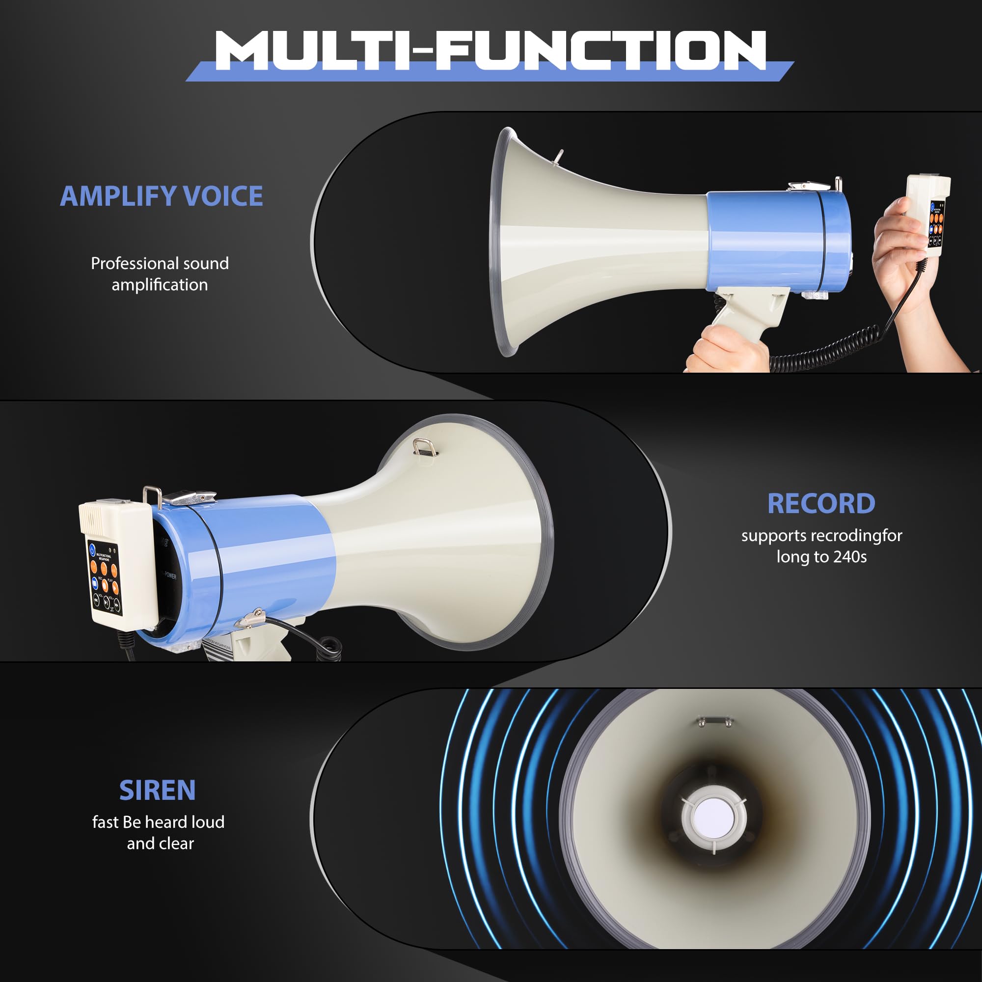 MyMealivos Megafono con sirena Bullhorn 50 Watt Altoparlante Bullhorn con microfono staccabile, tracolla leggera portatile e ingresso AUX da 3,5 mm