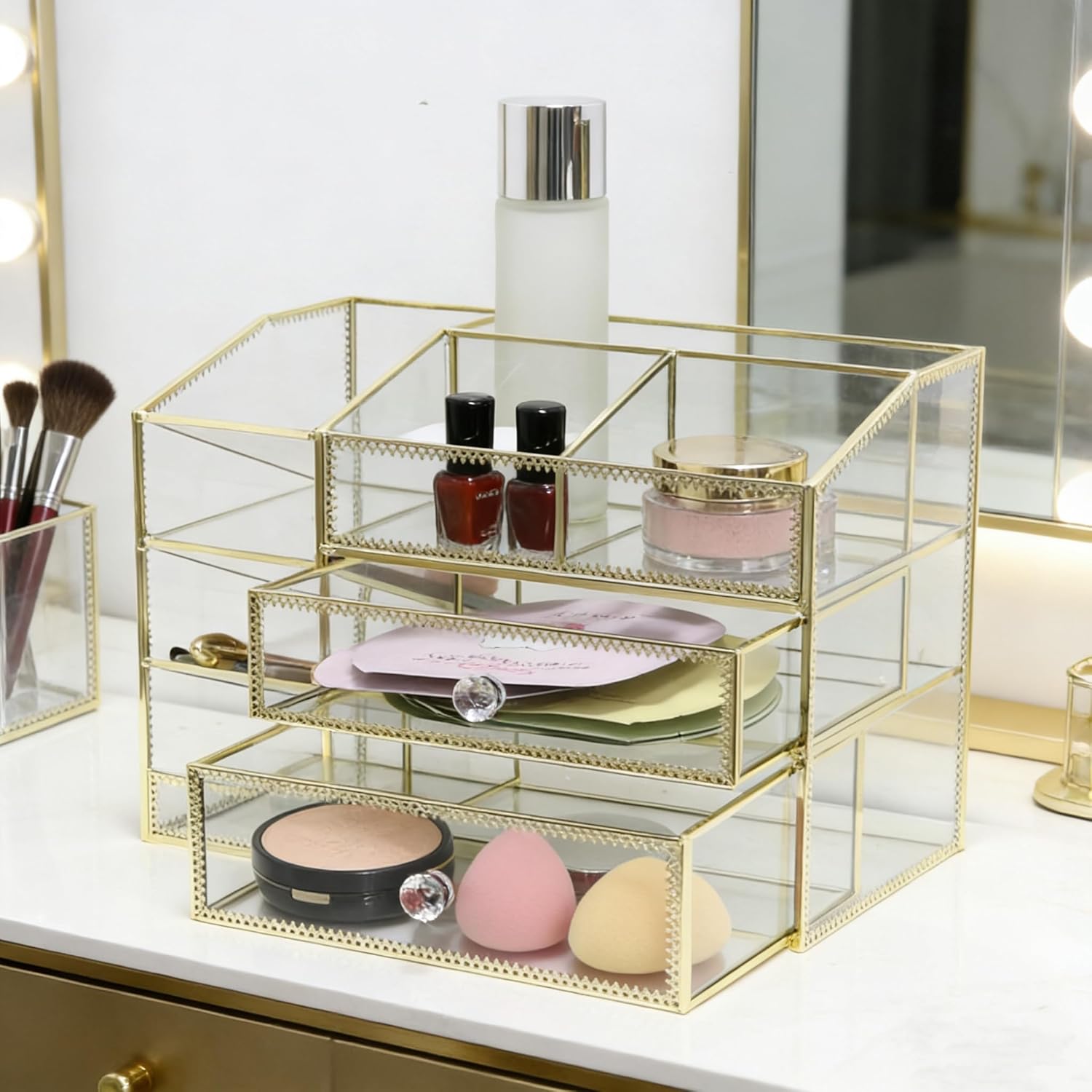 Hersoo Luxury Gold Trim Glass Makeup Organizer, 3-Tier Mirrored Vanity Dressing Table Storage Case for Skincare, Perfume, Lipstick, Brushes, Desktop Cosmetic Organizer