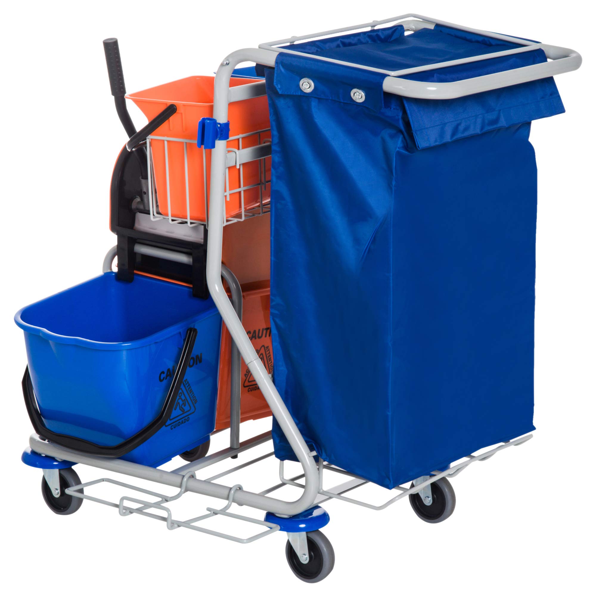 HOMCOM Putzwagen Reinigungswagen mit 2 x 18L & 2 x 6L Eimern Wischwagen Haushaltswagen mit Mopp-Presse, Aufbewahrungskorb, Blau Orange 93 x 80 x 97 cm