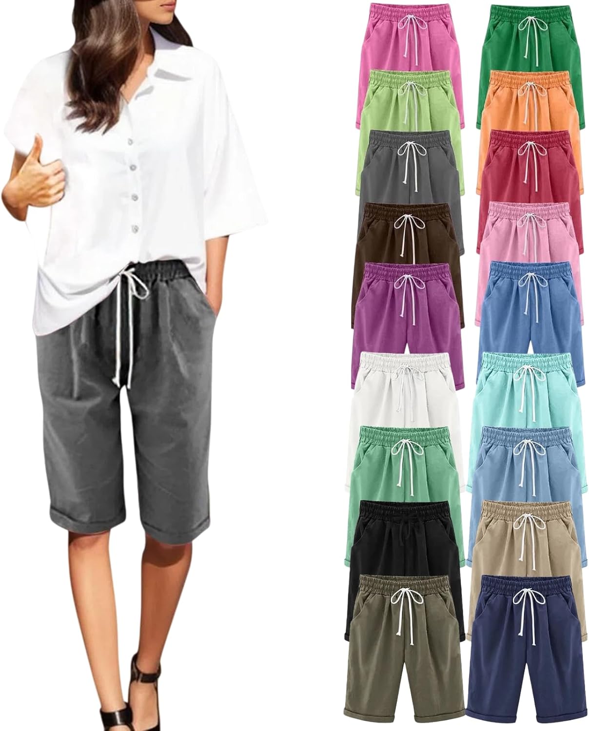 Bermuda Shorts for Women Knee Length Linen Plus Size Dressy Casual Pull On Shorts with Drawstring