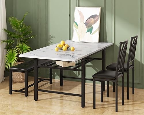 Lamerge Juego de mesa de comedor de 4 piezas para 3 a 6 personas, juego de mesa de cocina extensible de 63 pulgadas con 1 banco y 2 sillas de