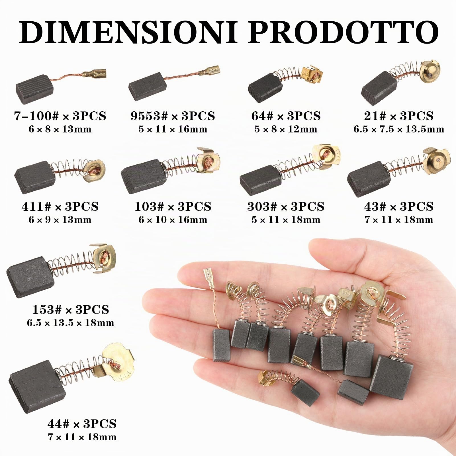 Set di 30 Spazzole di Carbone per Utensili Elettrici, Sostituzione di Alta Qualità per Motori, Dimensioni multiple, adatte per cantieri, Nero e Rame