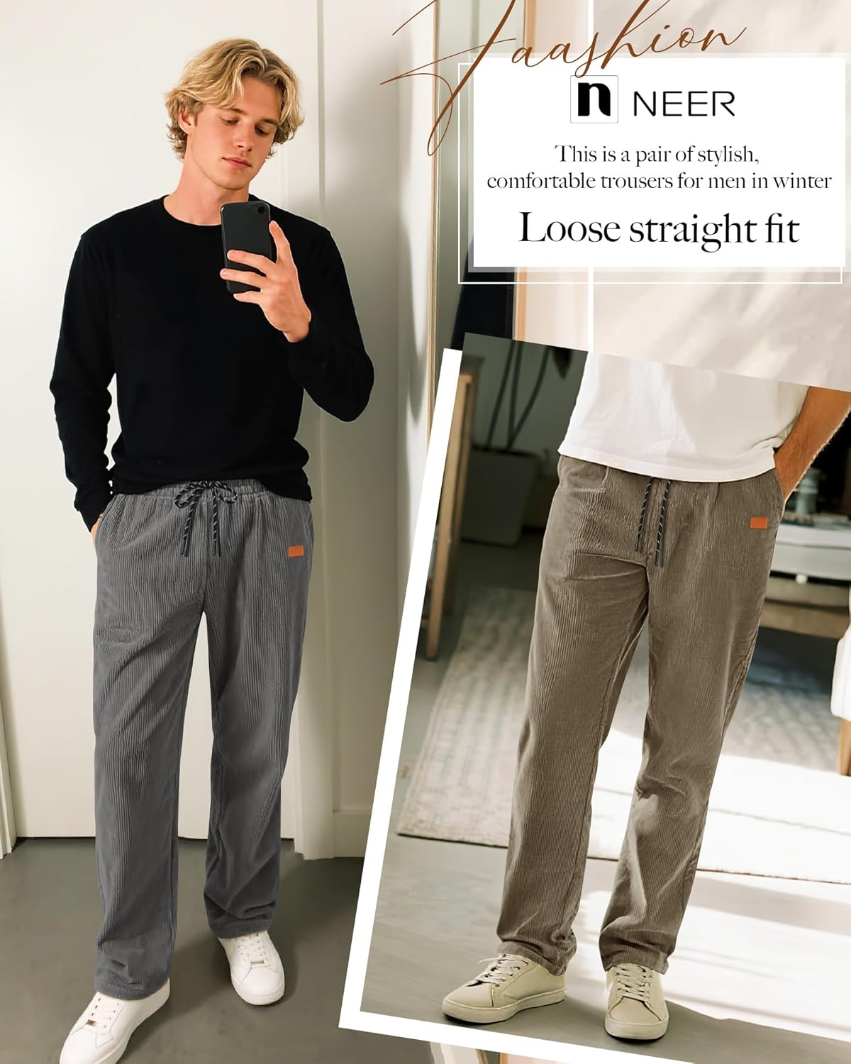 Neer 3 Pack Men's Corduroy Pants, Casual Drawstring Elastic Waist Straight Leg Loose Fit Baggy Sweatpants with Pockets - Image 2