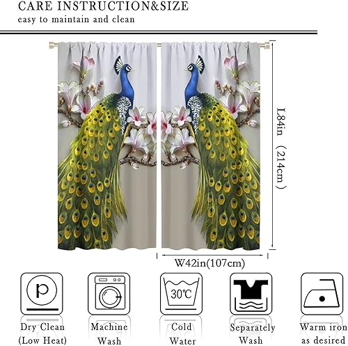 Miniatura 138 de Cortina opaca con estampado de pavo real, con estampado de animales retro, con bolsillo para cortinero y flores de peonía doradas, para dormitorio,