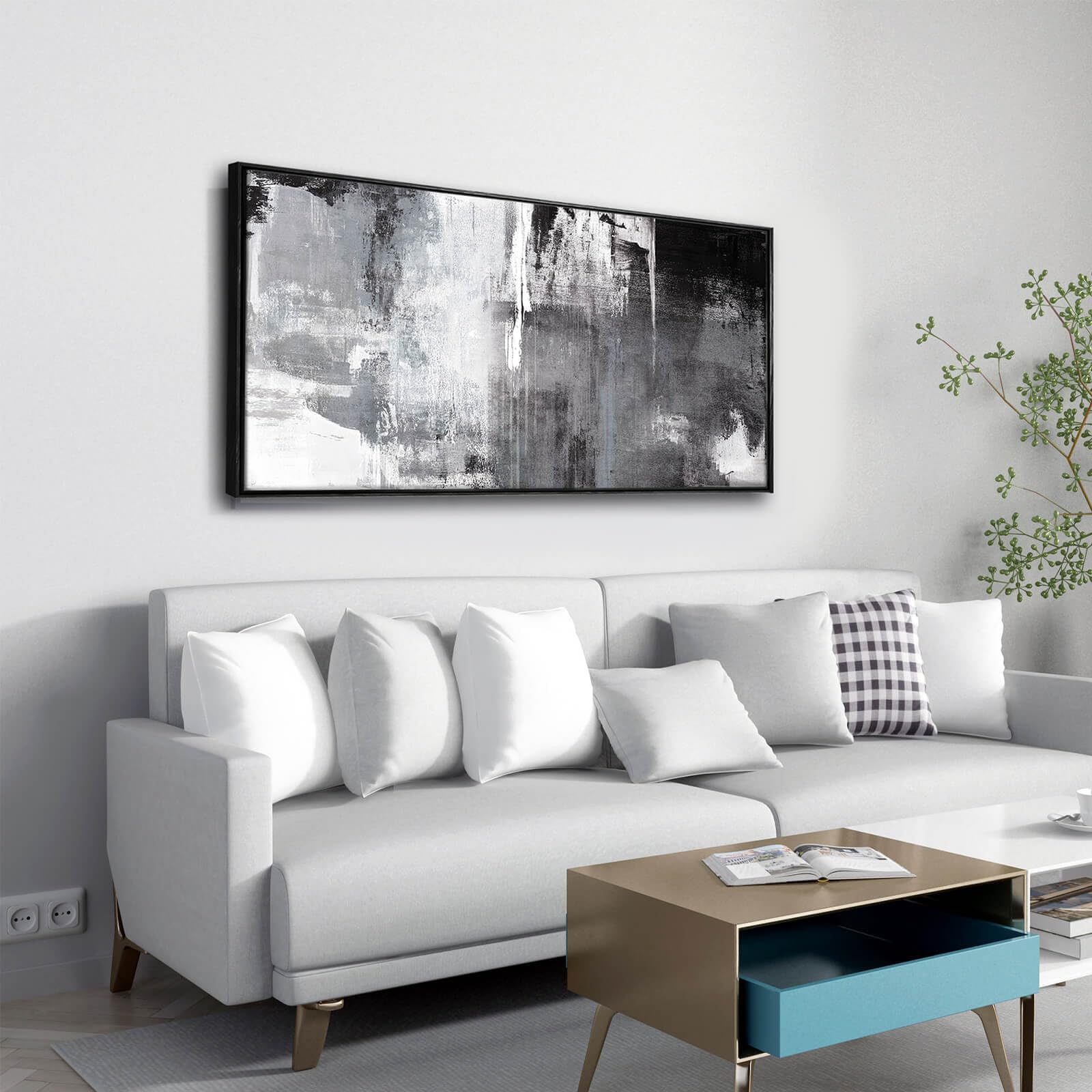 Tableau Décoratif Abstrait 90x60 Cm Sur Toile - Cadre Bois 15 Mm, Impression Noir Et Blanc - Pour Salon, Chambre, Bureau