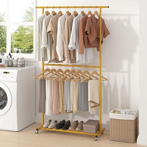 Miniatura 5 de Sywhitta Perchero de ropa de doble barra, colgador de abrigo con malla inferior, perchero para colgar ropa, abrigos, faldas, suéteres, dorado