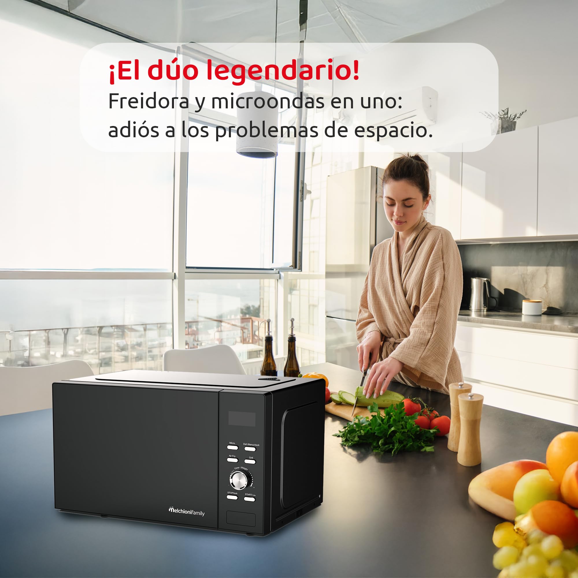 Melchioni Family | GOLIA Freidora de Aire & Microondas 2 en 1 con Grill, 23L, Pantalla Táctil, Temporizador, Luz Interna, Programas Preestablecidos, Cocción Rápida y Saludable