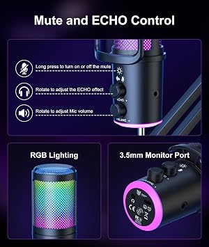 USB Gaming Microphone, Condenser Microphone with Noise Cancellation, Reverb Adjustment, Monitoring for Streaming, Podcasting, Discord, YouTube, PC, Computer, PS4, PS5, Mac