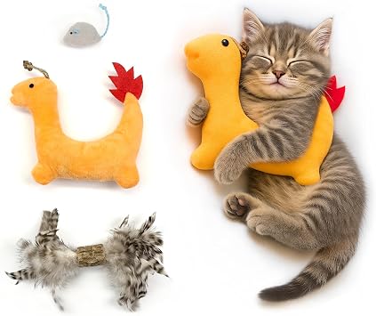 3 Pack Cat Toys for Indoor Cats - Silvervine & Catnip Toy Set with Feather, Plush Dragon Kick Toy, Mouse Toy for Chasing, Kicking & Chewing, Natural Cat Enrichment Toys