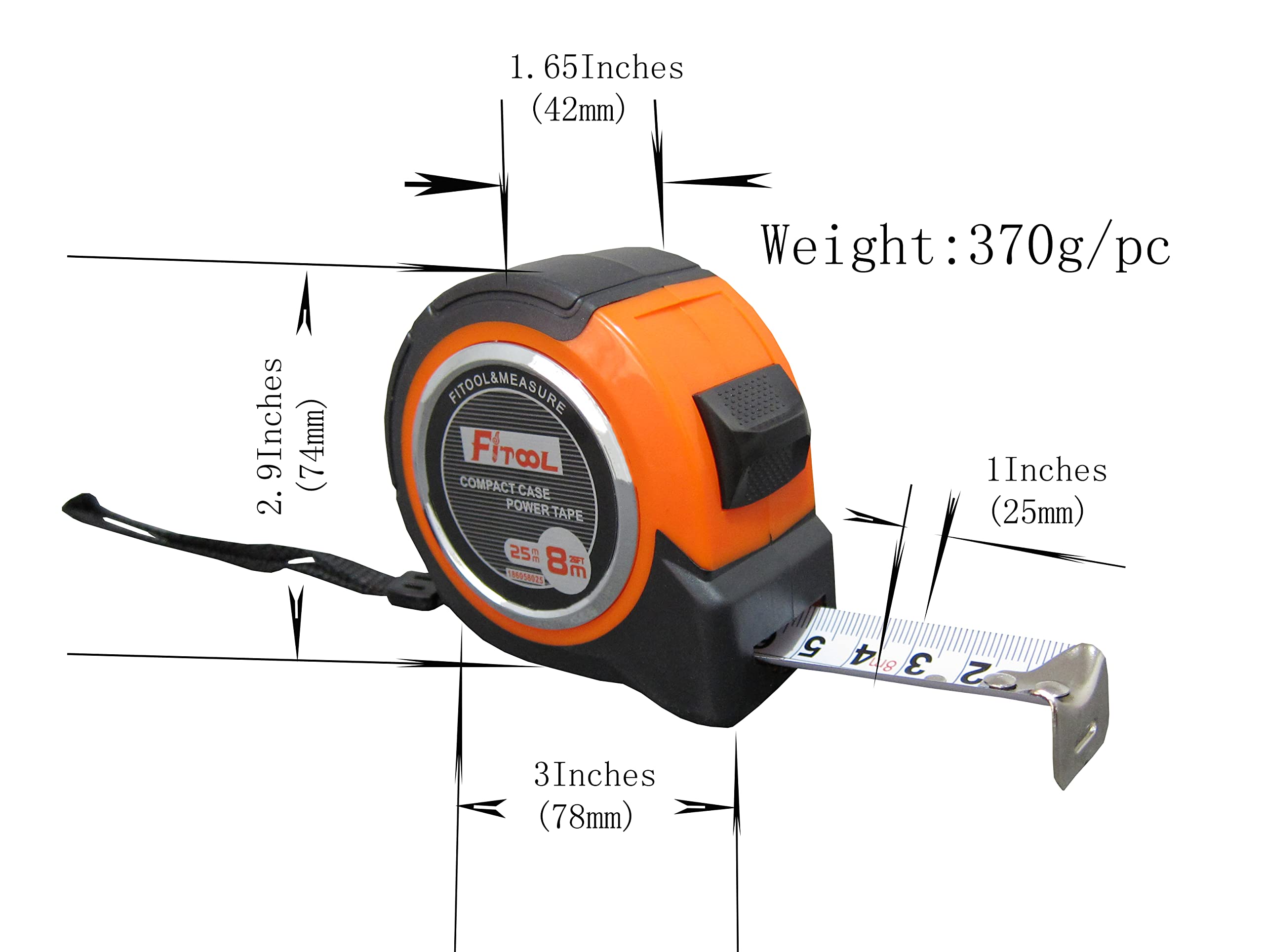 Compact Case Quality Steel Tape Measure, Metric and Inches, Shock Proof ABS Case with Soft Rubber Coating Grip, for Construction, Surveyor's Measuring Tape 8M/26FT
