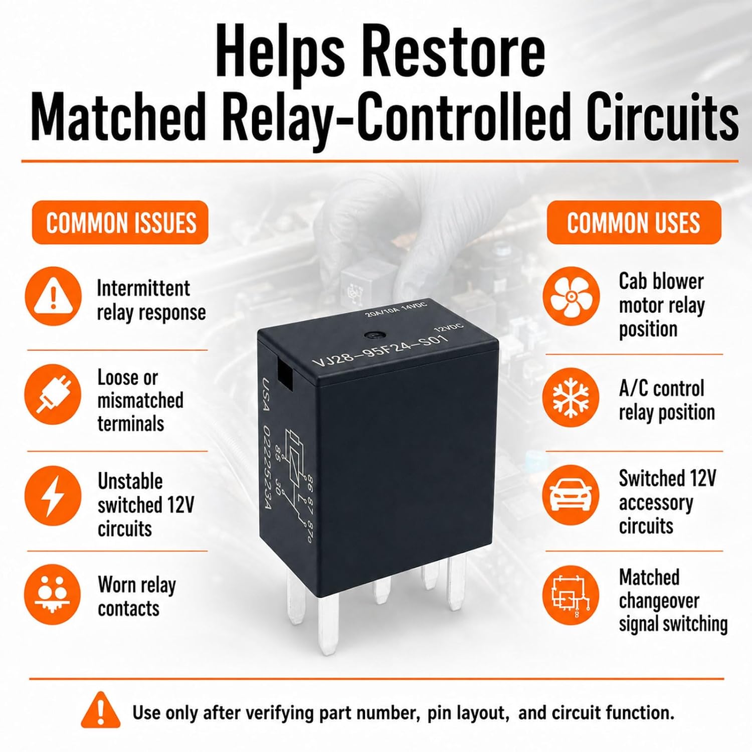 VJ28-95F24-S01 12VDC Relay (3-Pack) 20A/10A 14VDC 5-Pin SPDT Micro 280 Automotive Relay, Interchange Reference 0-1432223-1, Compatible with Select John Deere Cab Tractor A/C Blower Circuits