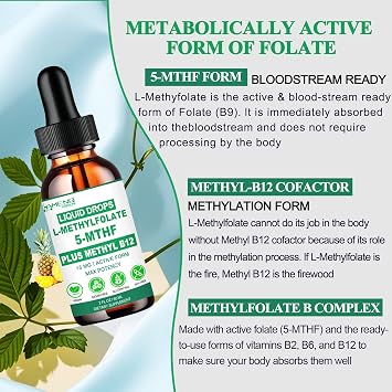 Methylfolate Supplement Liquid Drops, L Methy Folate 15mg Plus Methy B12, B6, B2 Multivitamin, Metabolically Active 5-MTHF Form for Mood Homocysteine Methylation Cognition Energy Nerve Health*