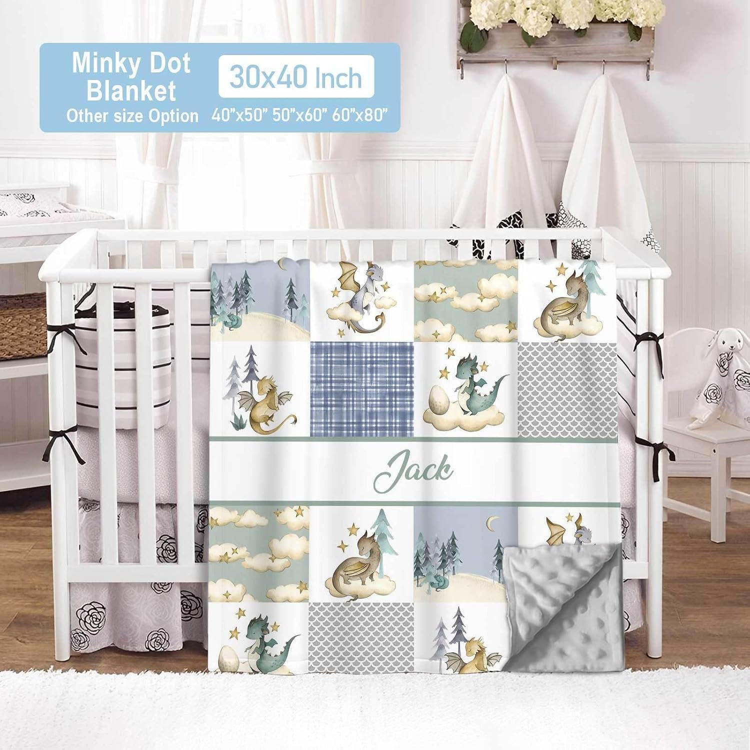 Personalized Baby Boy Crib Bedding Set, Custom Name Flying Dragon Nursery Bedding, 3 Piece Set with Dotted Minky Blanket, Fitted Crib Sheet and Changing Pad Cover for Newborns and Toddlers