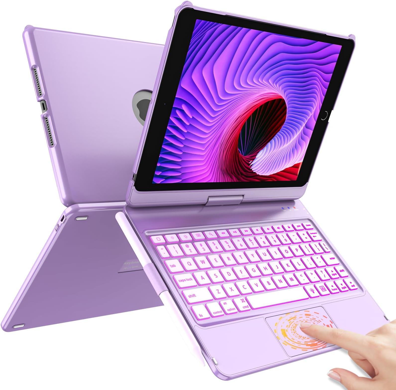 HOTLIFE Case with Keyboard for iPad 10.2,Touch Trackpad Keyboard Case for iPad 9th Generation/8th/7th Gen, 10 Corlor Backlit - 360° Rotatable Protective Cover with Pencil Holder (Light Purple)