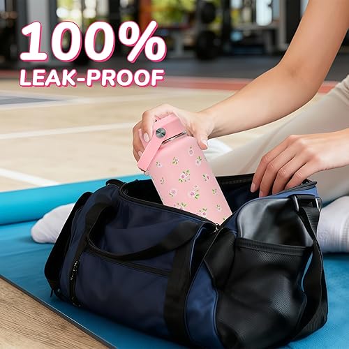 Miniatura 6 de Botella de agua aislada de 32 onzas con tapa, botella de agua de acero inoxidable rosa con popote abatible y asa, regalos para mujeres, niñas,