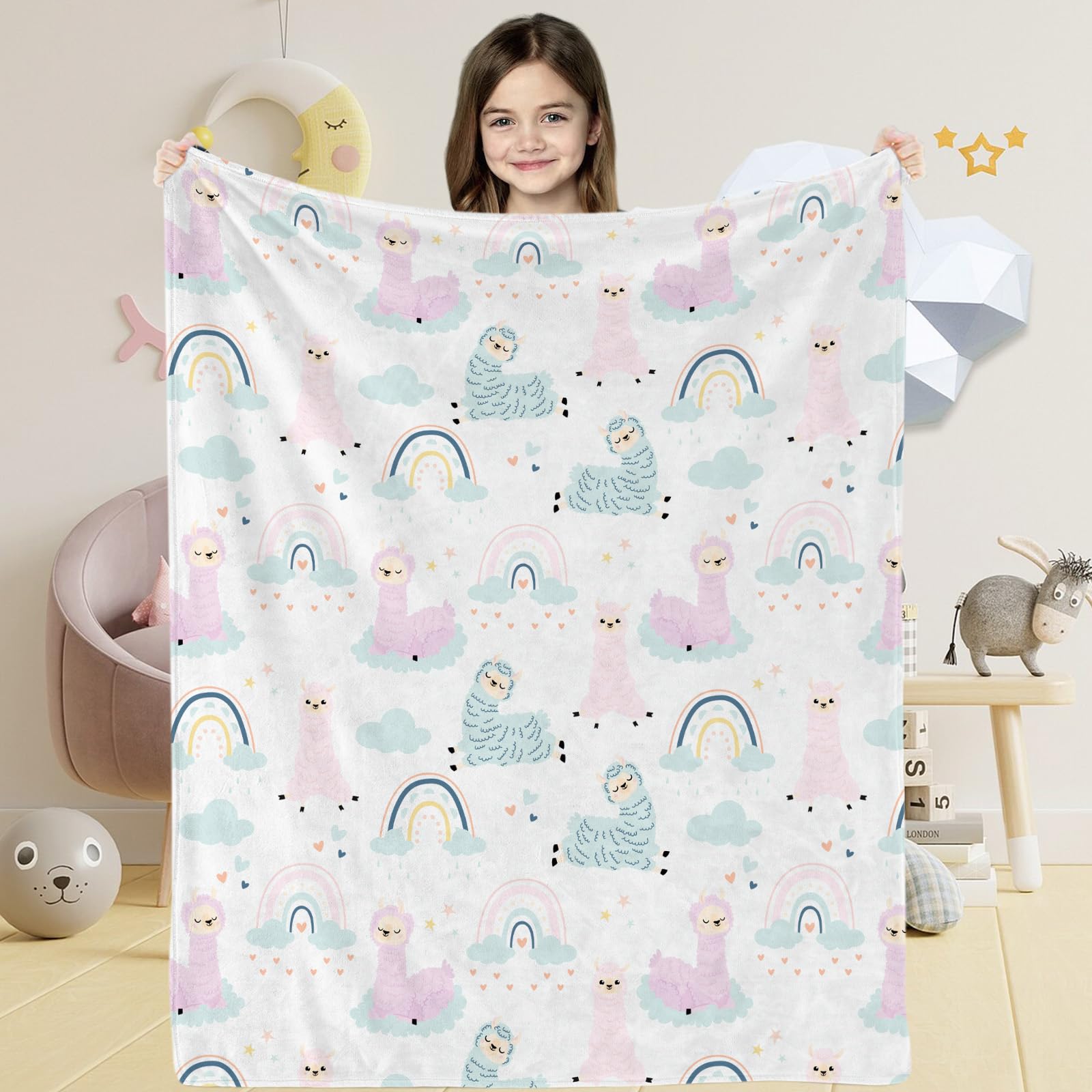 Llama Alpaca Throw Blanket for Baby Girls, Cute Soft Llama Alpaca Plush Flannel Blanket for Toddler, Cartoon Alpaca Rainbow Theme Cozy Fluffy Blanket for Boys Kids Gift Couch Sofa Nursery, 100x130 cm