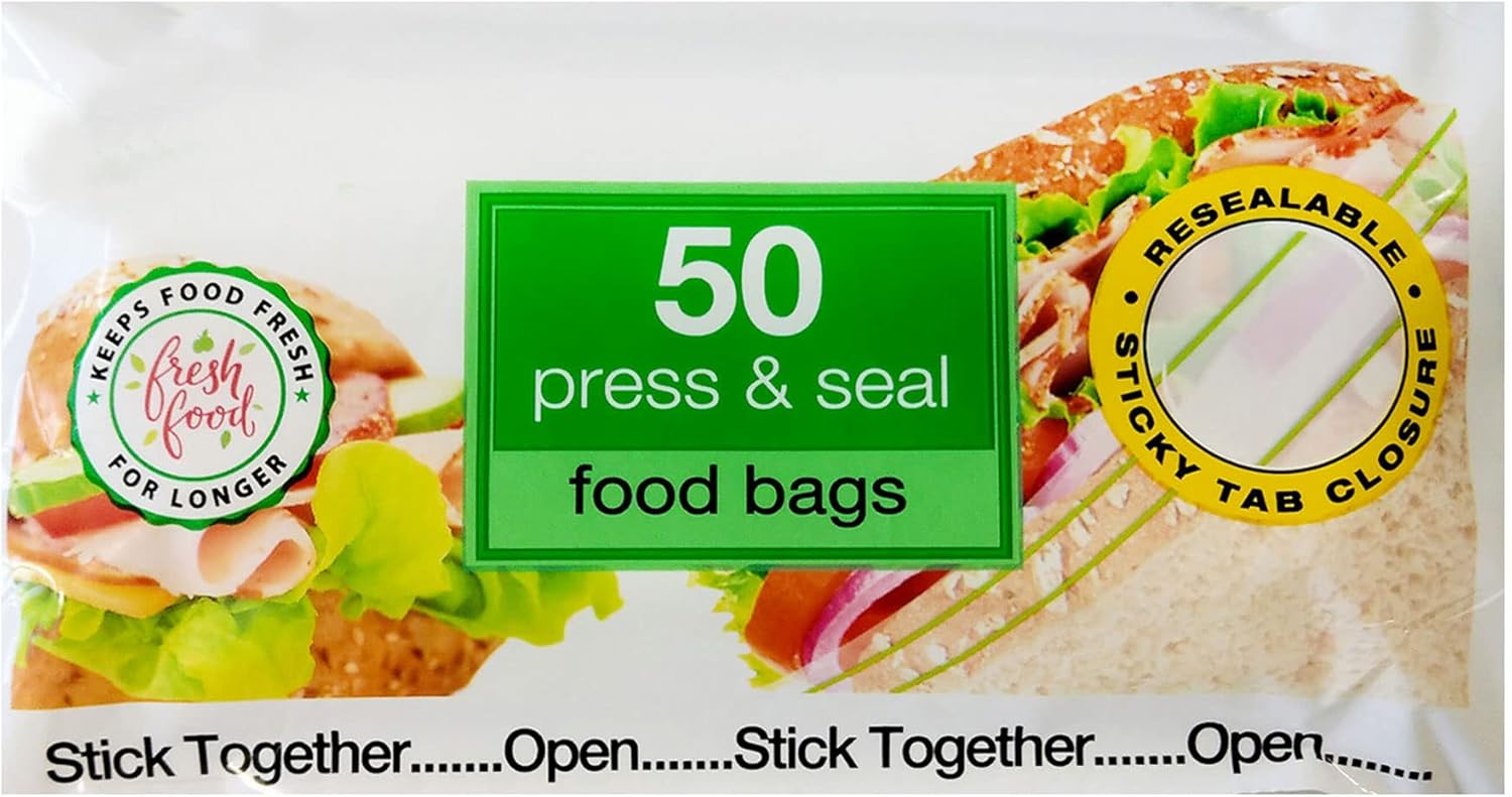 50 Press And Seal Food Bags, Resealable Sticky Tab Closure, Ultimate