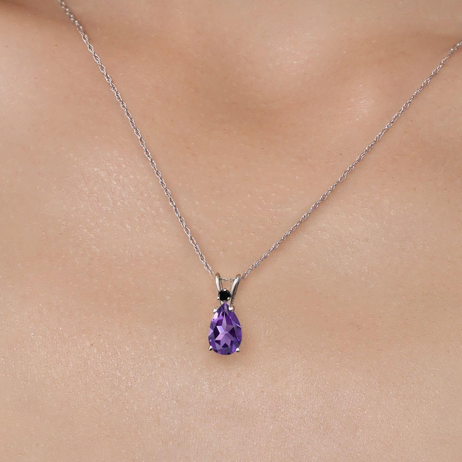 Gem Stone King 14K White Gold Purple Amethyst and Black Diamond Pendant Necklace for Women | 1.76 Cttw | Gemstone February Birthstone | Pear Shape 10X7MM | With 18 Inch Chain - Image 3