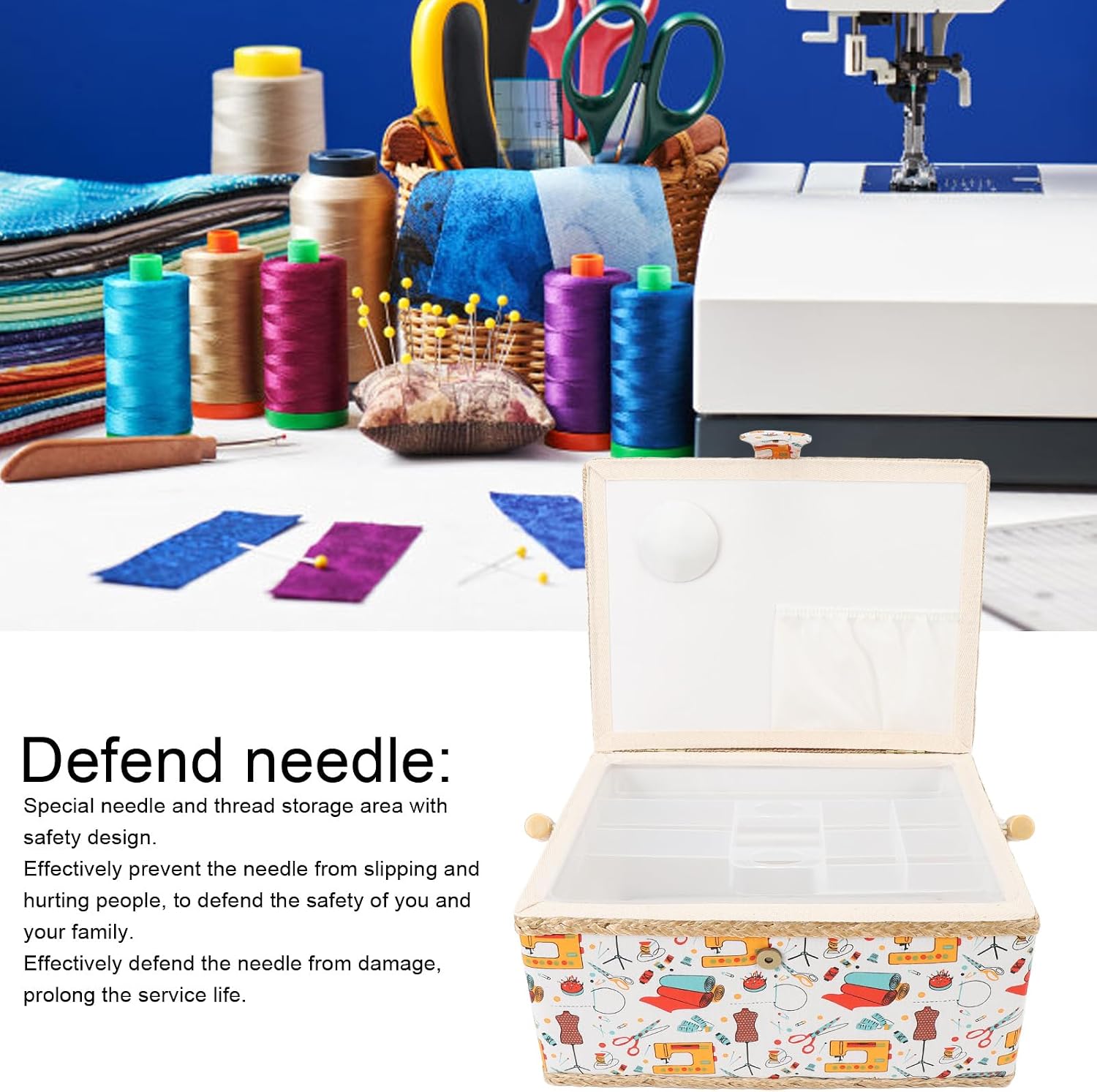 Portable Sewing Basket, Sewing Storage Box, Large Capacity Sewing Storage Organizer Embroidery Storage with Detachable Plastic Tray & Handle for Large Sewing Supplies & Crafting