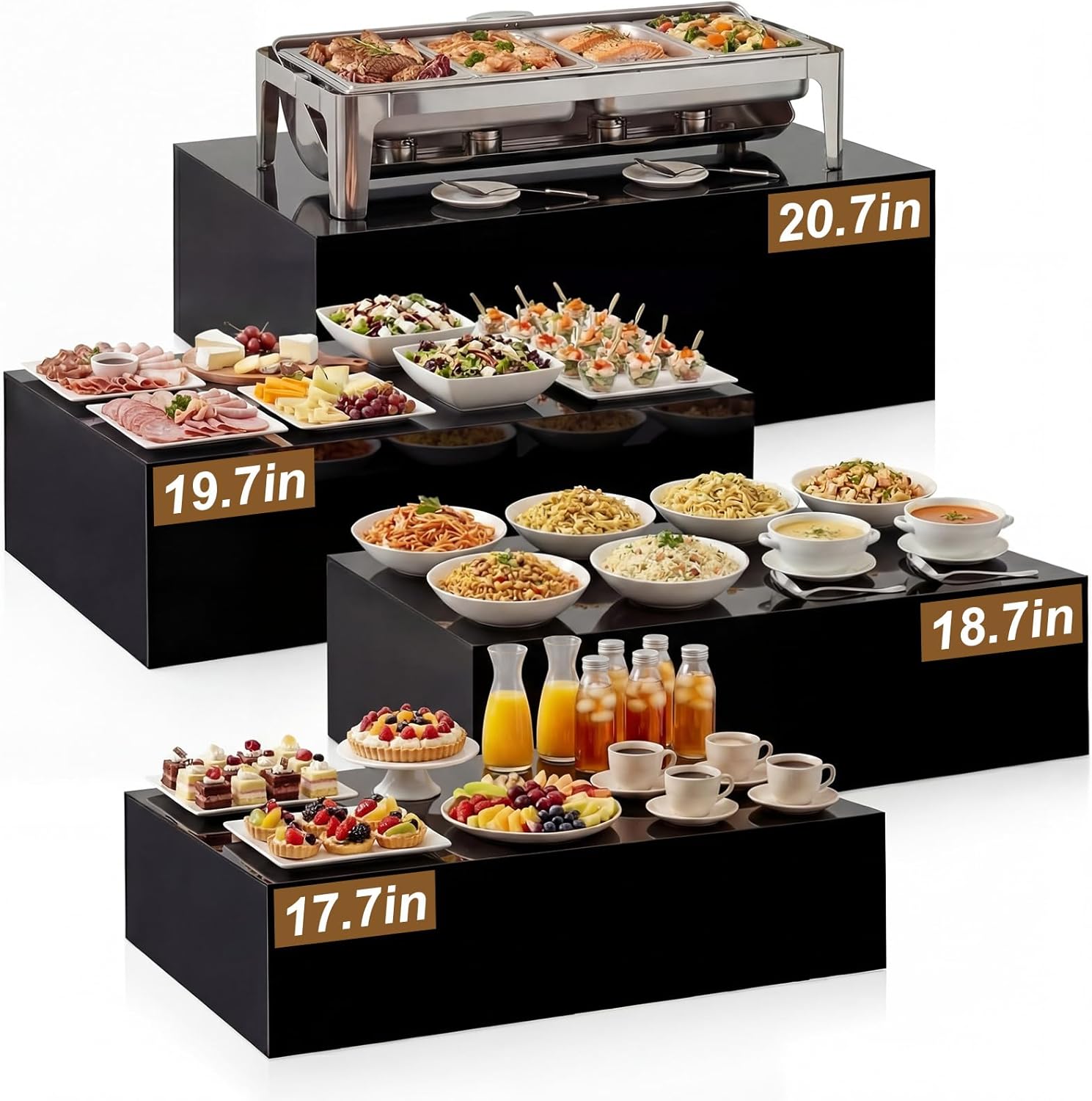 Leinuosen 4 Pcs Extra Large Acrylic Buffet Risers for Food Display Stands Box, 20.7" 19.7" 18.7" 17.7" Rectangle Catering Supplies for Weeding Dessert Table Brunch Setup Decor, Hollow Bottom(Black)