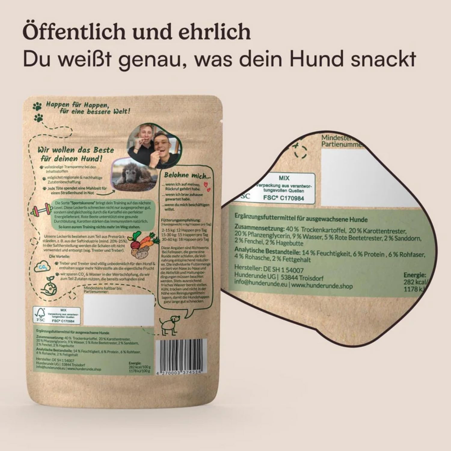 Hunderunde – Hundehappen Sportskanone 6×125g – vegane Hundeleckerli für Training & Spaziergang – fettarm & proteinarm – mit Rote Beete & Fenchel – getreidefrei – ideal bei Sensitivität – Hundesnack