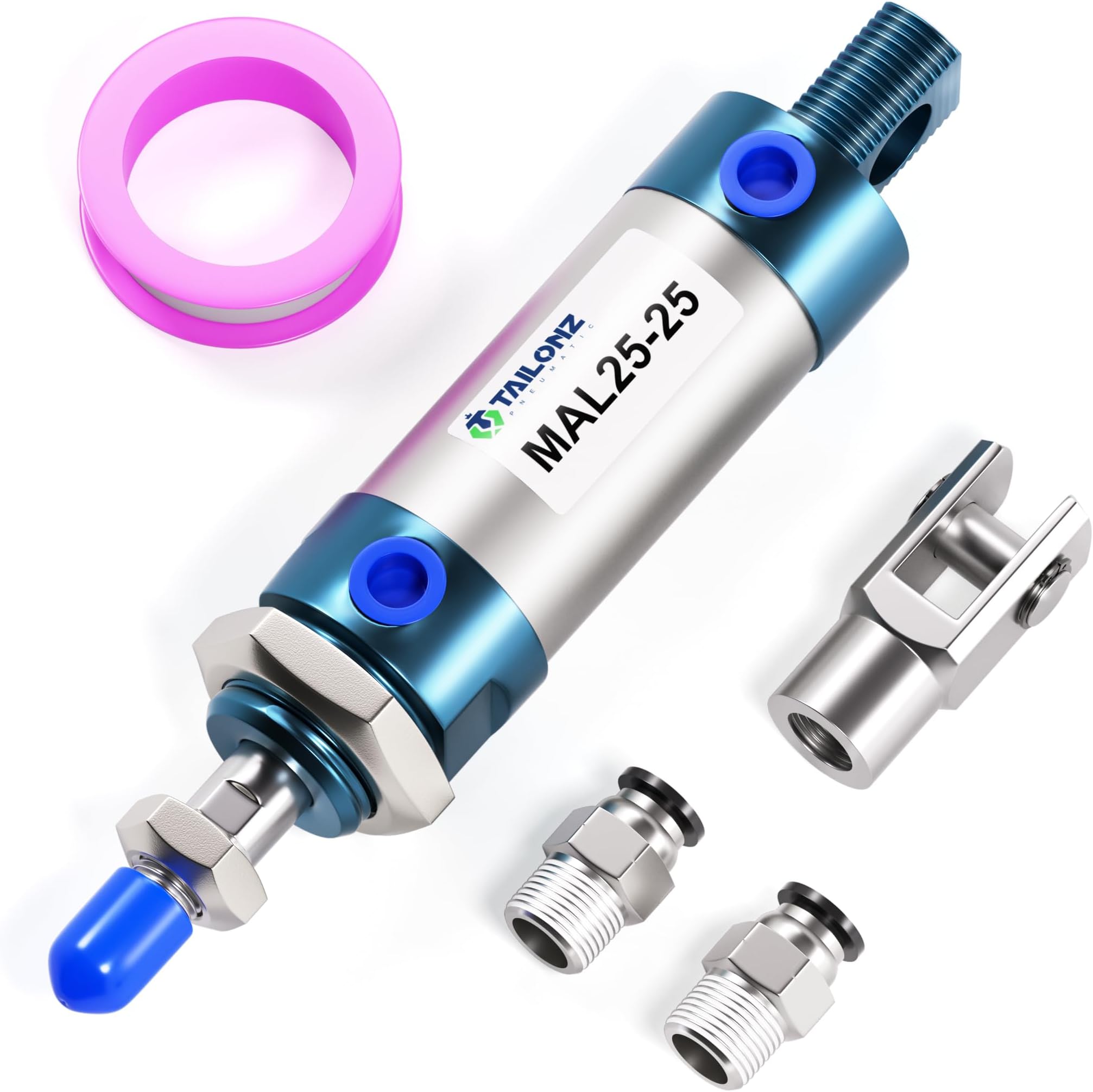 TAILONZ PNEUMATIC 25mm Bore 25mm Stroke Air Cylinder Double Action With Y Connector and 2 Pcs 6mm Fitting MAL25x25