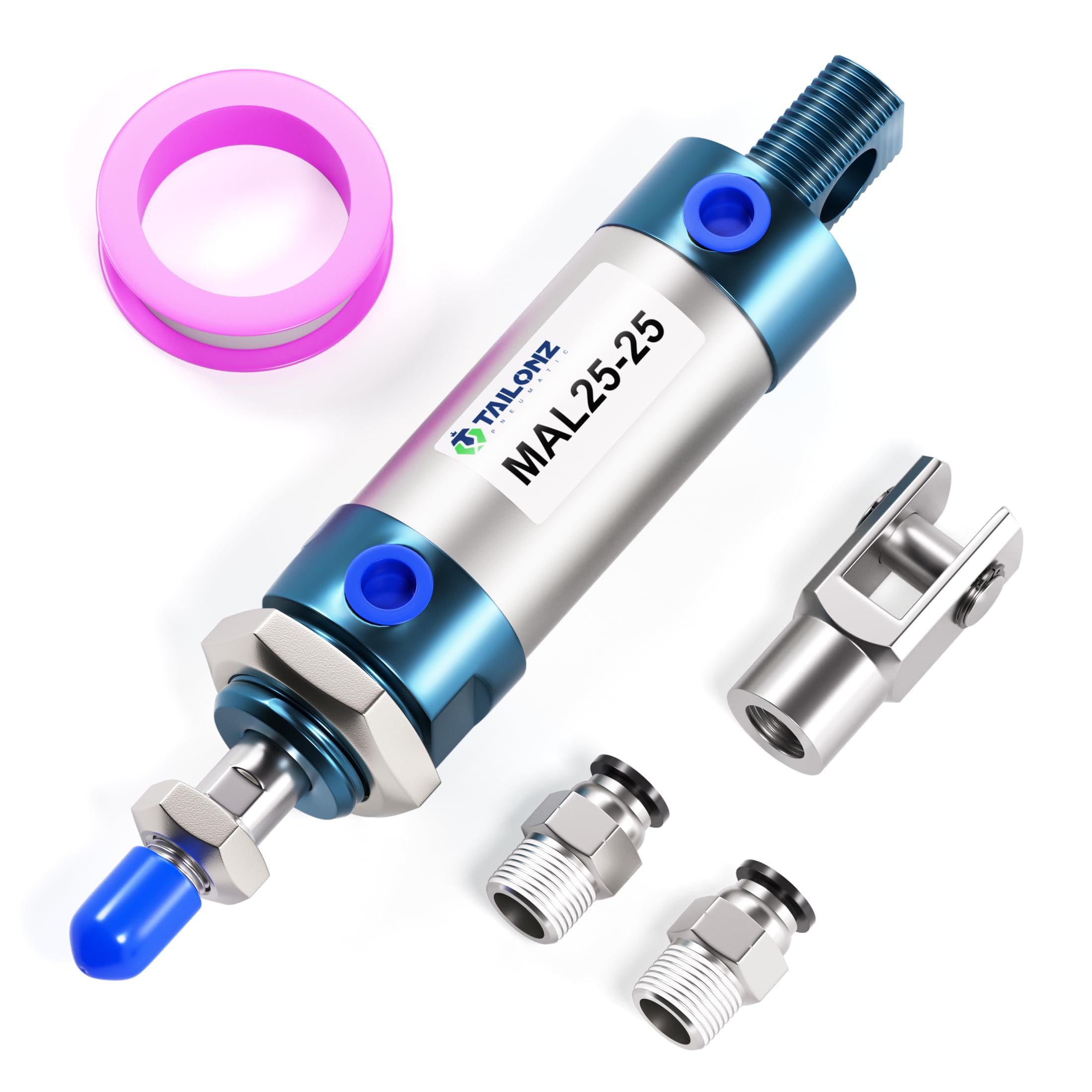 TAILONZ PNEUMATIC 25mm Bore 25mm Stroke Air Cylinder Double Action With Y Connector and 2 Pcs 6mm Fitting MAL25x25