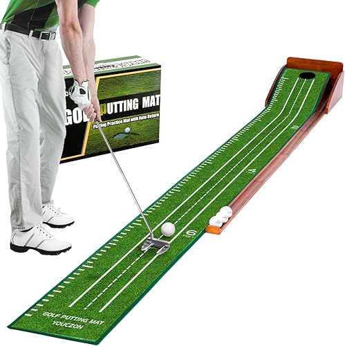 Miniatura 9 de Alfombra de golf verde para interiores, sin arrugas con retorno automático de bola, base de madera maciza duradera, superficie de terciopelo lujosa,