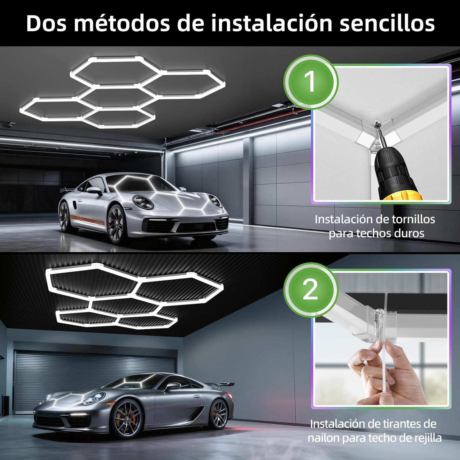 hexágonos lampara led,luz nido de abeja led para techo,Luces de garaje hexagonales,De 1 a 8 orificios son opcionales, adecuados para garajes, iluminación de lavado de autos y centros comerciales