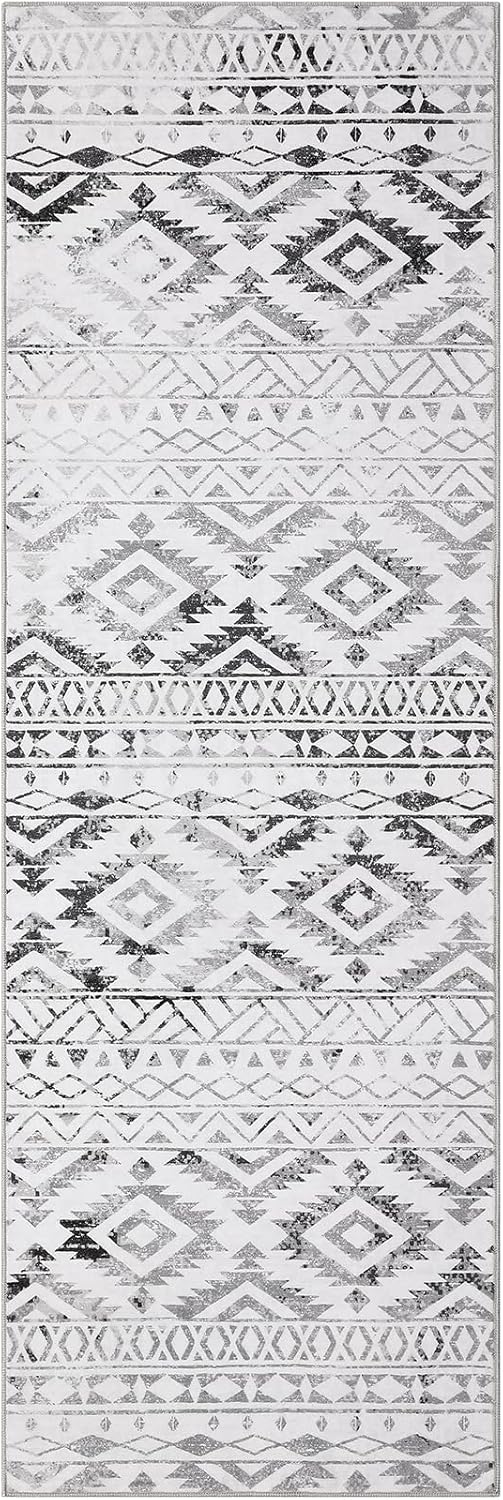 GarveeHome Boho Runner Rug 2x6 Washable Rug Vintage Hallway Runners Ultra-Soft Non Slip Entryway Runner Rug Indoor Distressed Throw Carpet Low Pile Foldable Thin Rug for Bedside Kitchen Laundry Grey