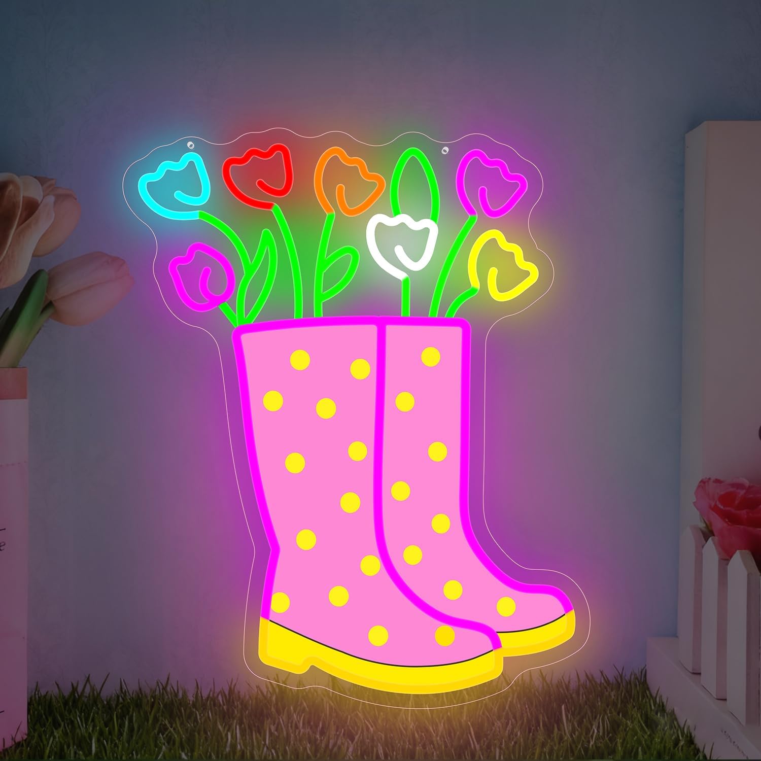 Spring Tulips Rain Boots Neon Sign Dimmable Flower Neon Lights Polka Dot Boot Tulip Light Up Sign Easter Led Wall Art Spring Decorations for Office Home Garden