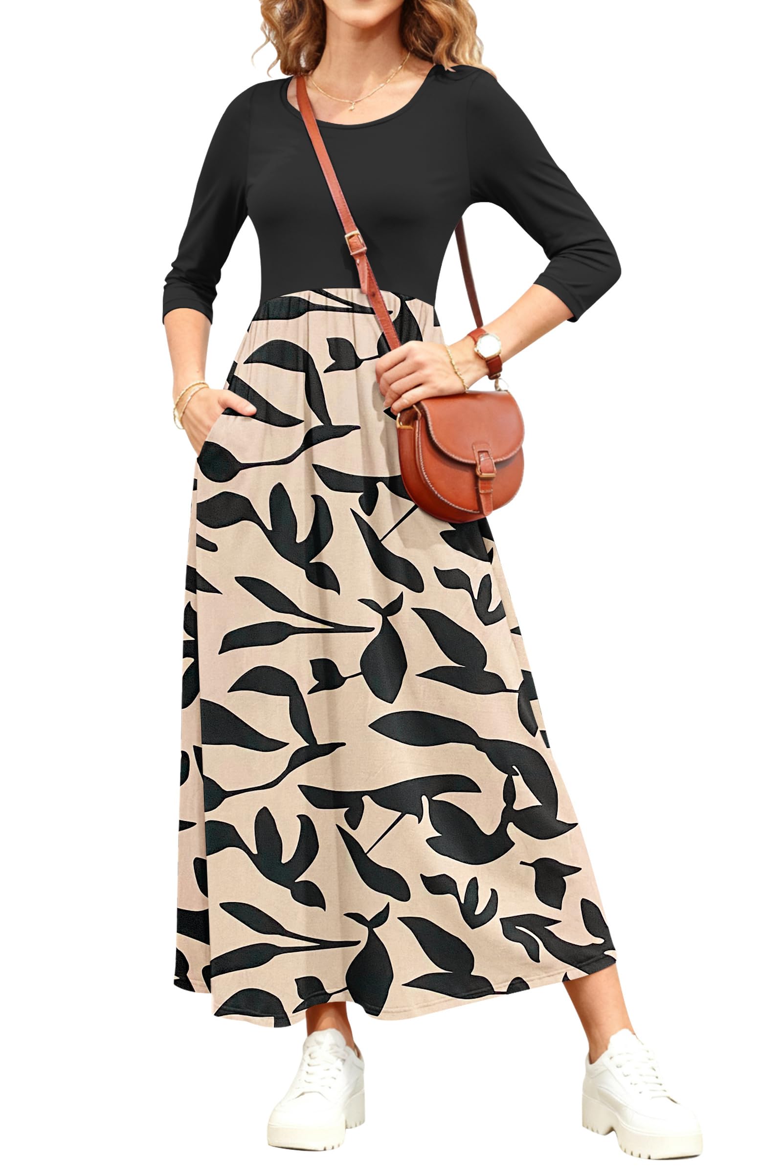 WNEEDU Womens 3 4 Sleeve Casual Loose Long Maxi Dresses with Pocket