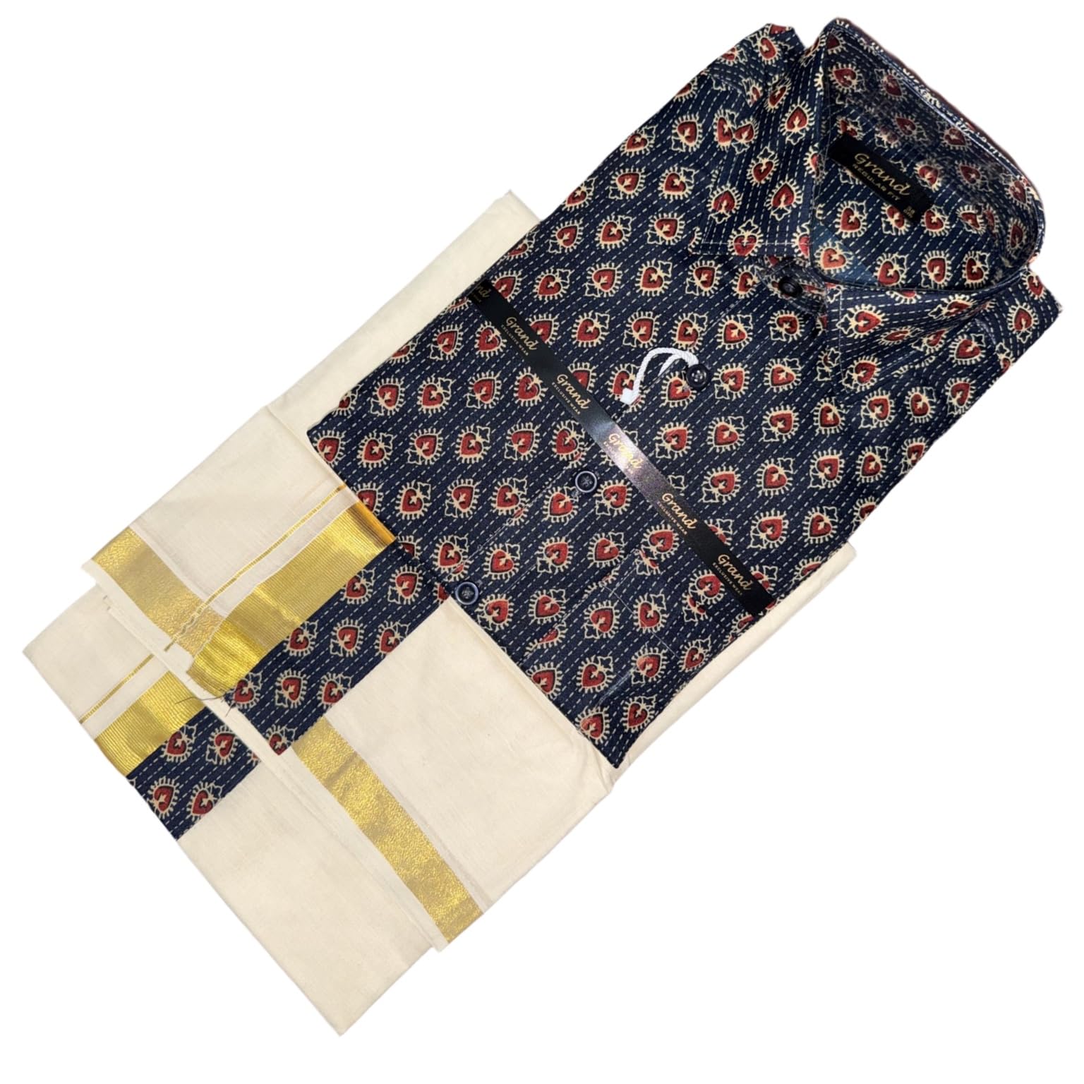 Kerala Kasavu Mundu and Printed Shirt Combo, Kuthampully Handloom Double Onam Mundu, Gold Zari Border, Men's Traditional Festive Wear (Extra Large)
