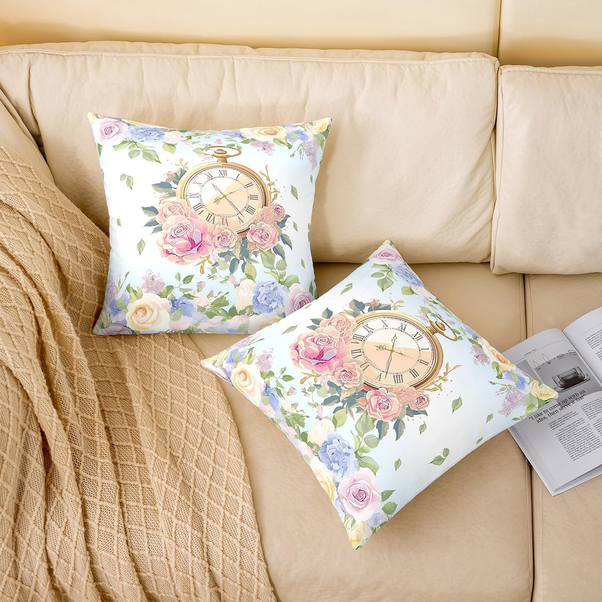 Manfei New Year Pocket Watch Pillow Covers,Watercolor Flowers Leaves Cushion Covers 16"x16"Romantic French Style Square Cushion Cases Set for Bedroom Office,Botanical Rustic Style Cushion Covers image 2