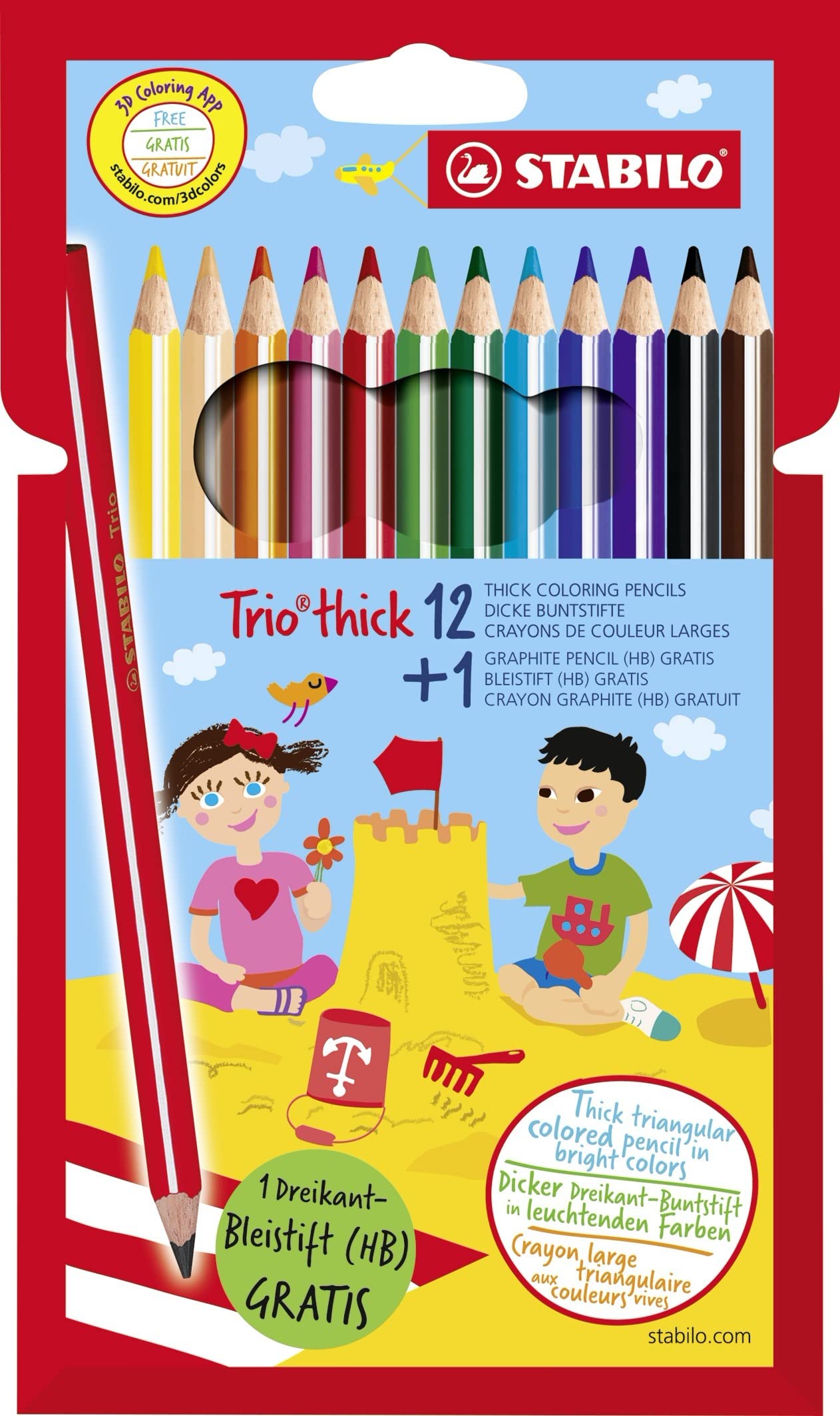 STABILO Crayons de couleur triangulaires épais - 12 + 1 promo