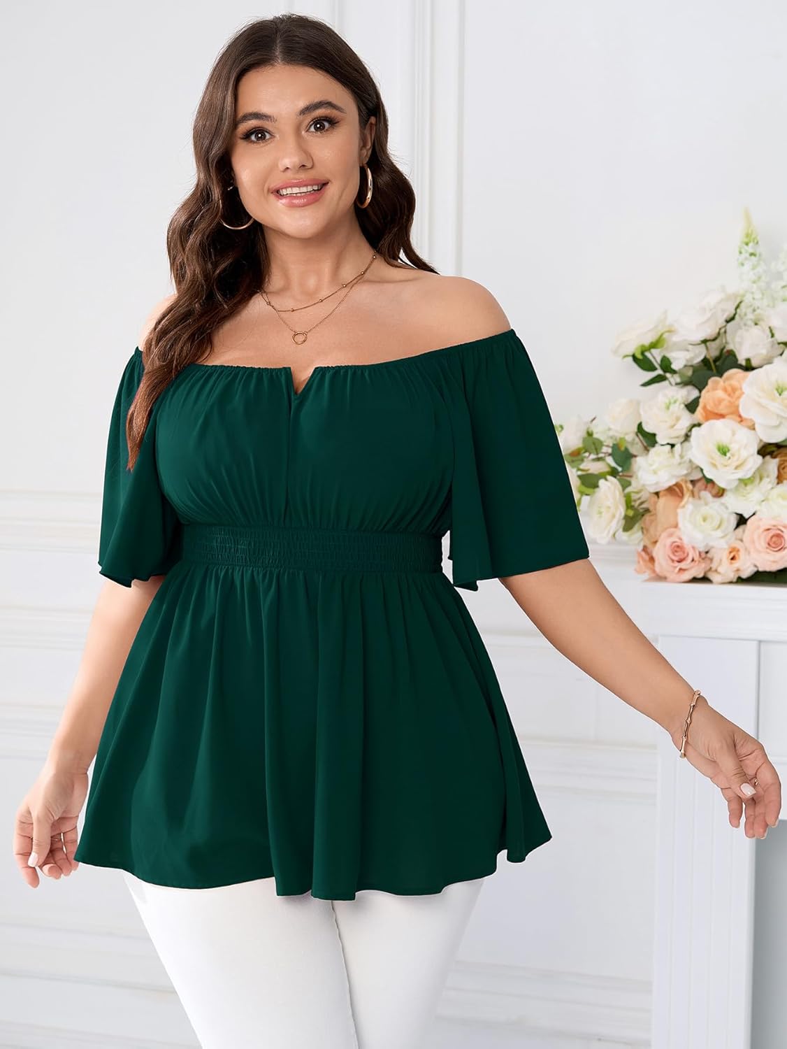 SCOMCHIC Womens Plus Size Peplum Tops Off The Shoulder Blouses Smocked Ruffle Babydoll Summer Top - Image 2