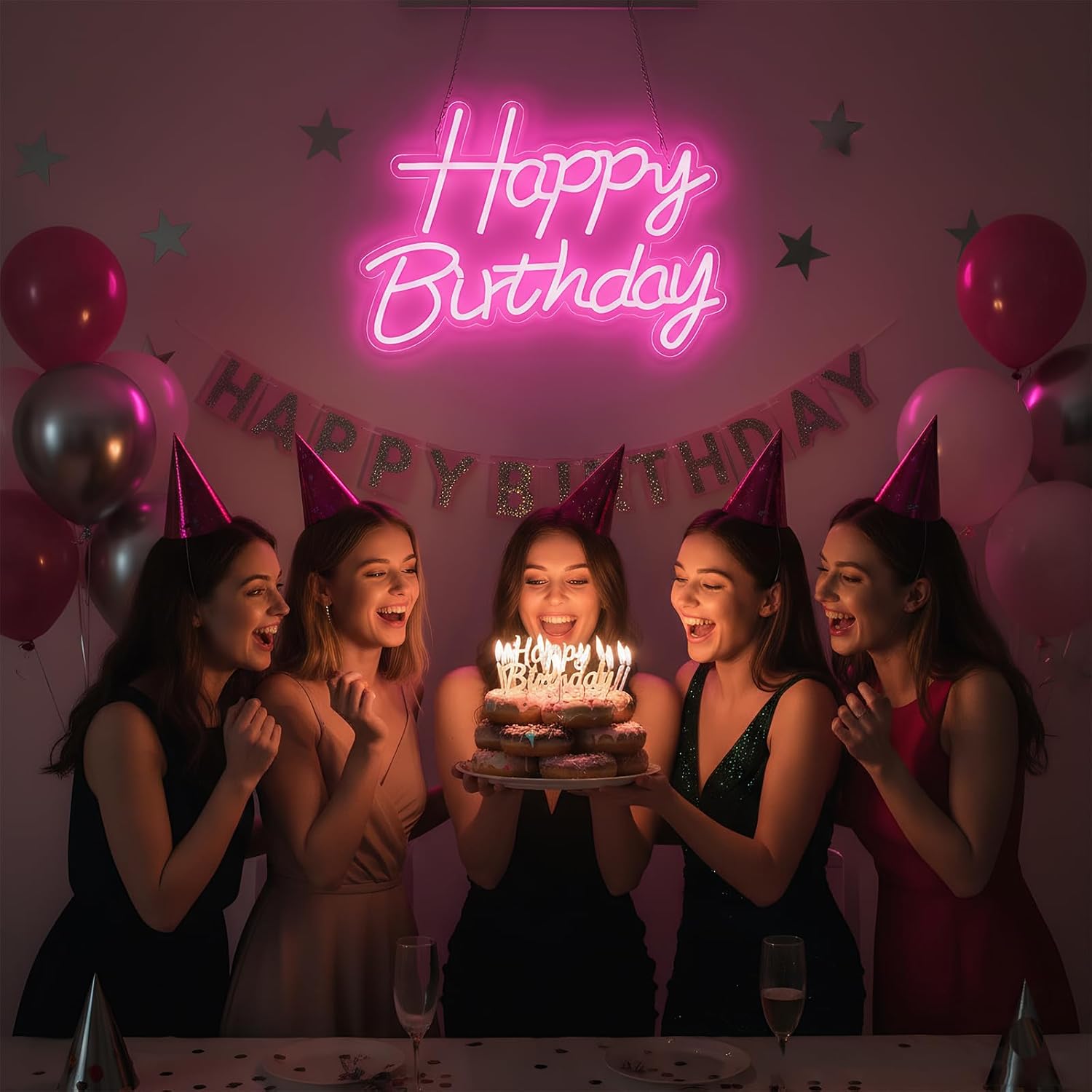 Happy Birthday Neon Sign for Backdrop, LED Happy Birthday Light Up Sign, USB Powered Dimmable Neon Light for Birthday Party Decorations, Wall Decor, Pink, 16.5 x 12 inch