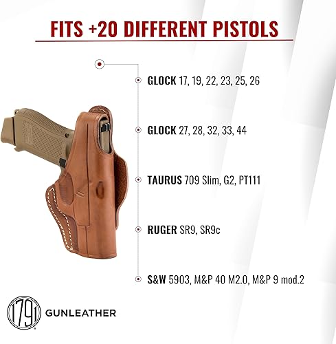 Miniatura 3 de 1791 GUNLEATHER Funda de piel para pistola de 3 vías OWB para diestros y pulgar – Compatible con Glock 17 19 22 23 32, Ruger SR9 SR22, Sig P225
