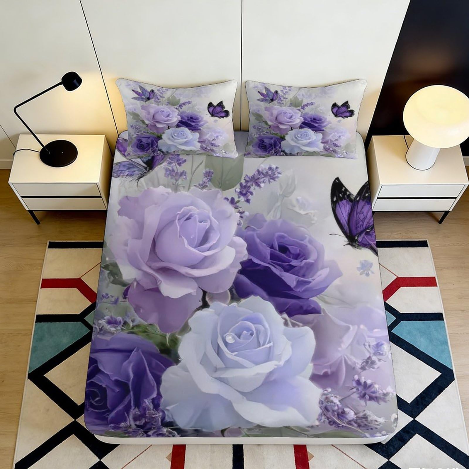 3D Printed Purple Rose Fitted Sheet Microfiber Soft Floral Butterfly Mattress Cover for Bedroom Guestroom Dorm Decor 90x200x25cm