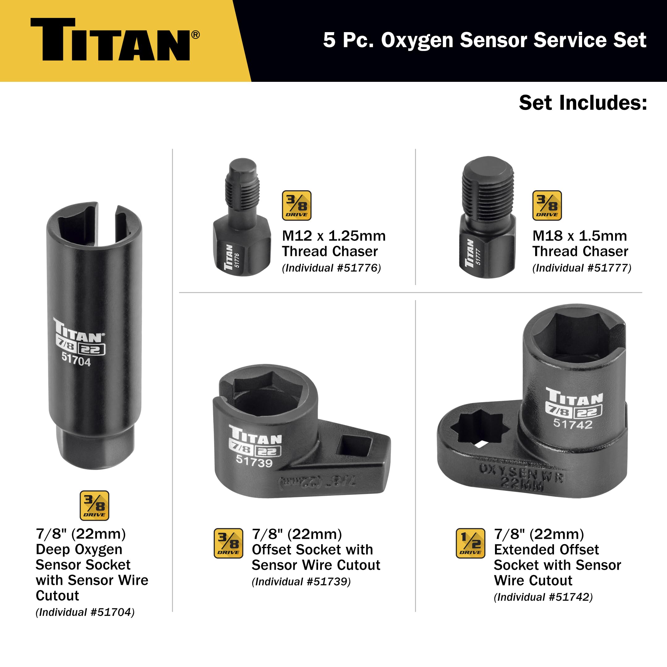 Titan 51775 5-Piece Oxygen Sensor Socket Thread Chaser Set
