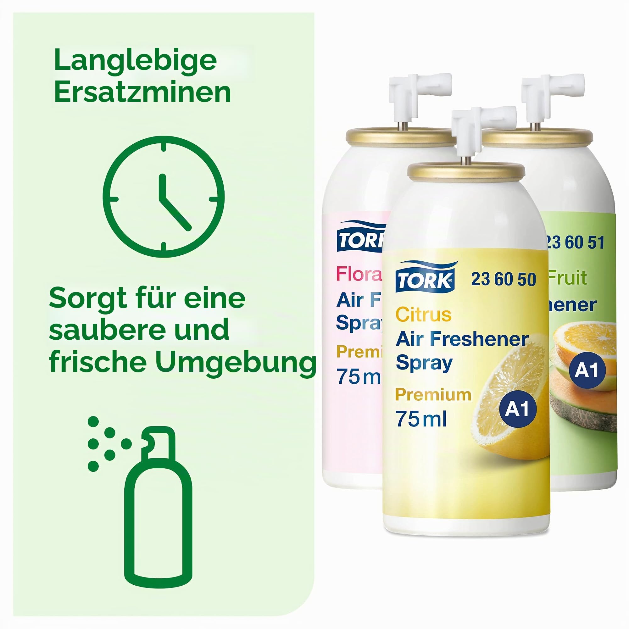 Tork 236056 Lufterfrischer Sprays im Mixed Pack - 4x Blütenduft, 4x Zitrusduft, 4x Fruchtduft / Neutralisieren unangenehme Gerüche / 12er Pack Nachfüller Duftspray A1 Premium / 12x75ml