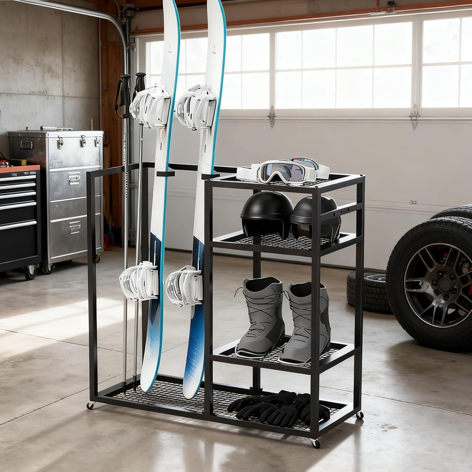 ZIMGOD Free Standing Ski and Snowboard Rack for Garage Basement, Heavy-Duty Ski Storage Holder with Wheels, Boot/Pole/Goggles/Helmet Rack Organizer