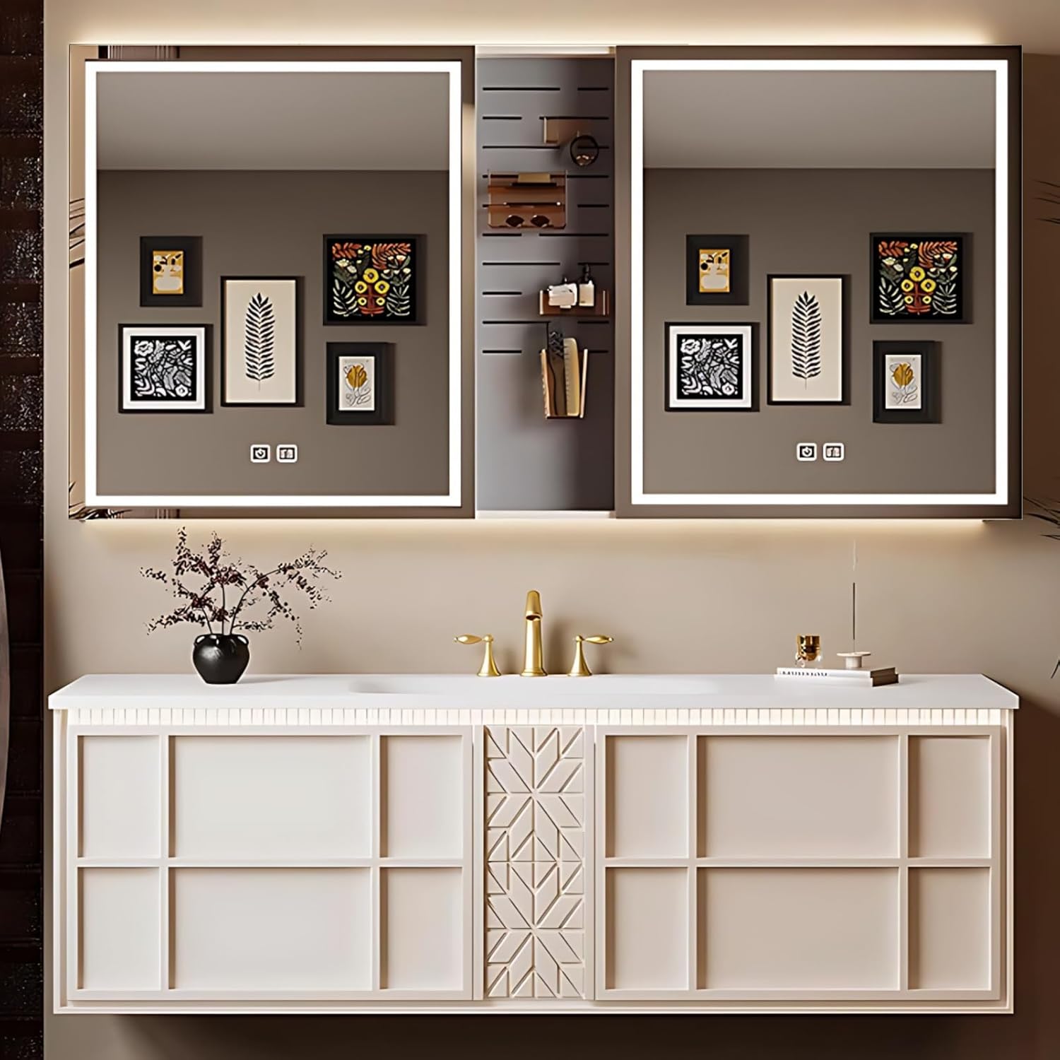56IN Khaki Bathroom Vanity has 2 Drawers - Stylish Floating Single Sink Bathroom Cabinet Set Includes Integrated Ceramic Sink | Panel with Linear Styling, Smart Defogging Silver Mirror (Style A)