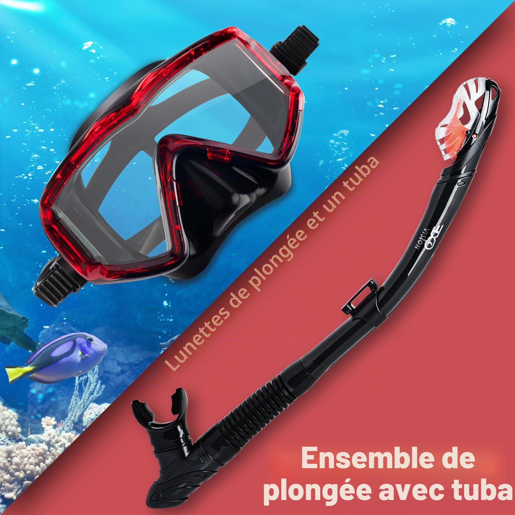 Ensemble de Tuba Sec, Masque plongée Pano 3 fenêtres, Lunettes Anti-buée, équipement Professionnel de Masque plongée avec Tuba pour Adulte (Ensemble Rouge)