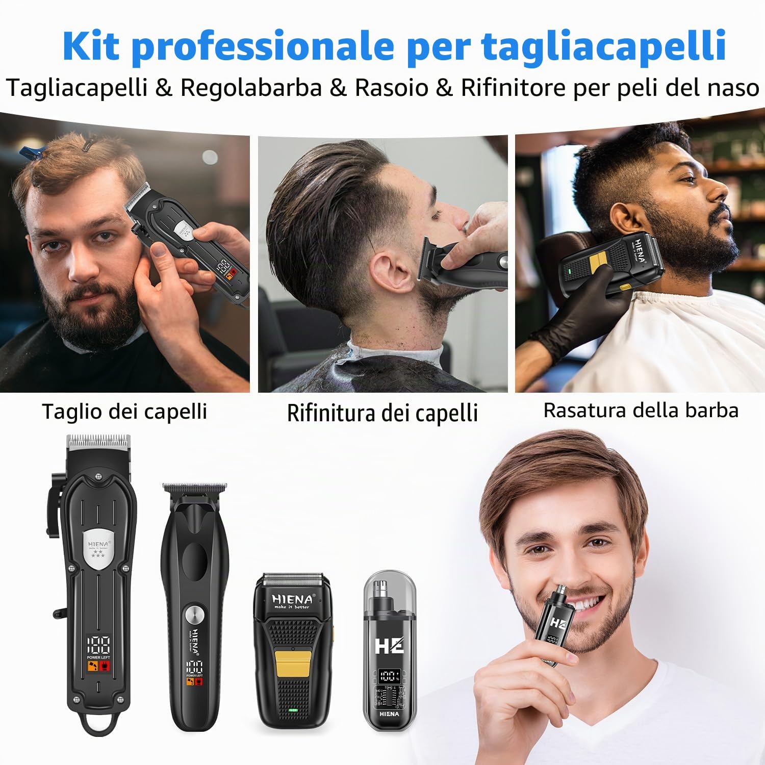 HIENA PRO Tagliacapelli professionale da uomo, tagliacapelli senza fili, rasaerba per film, rasaerba nasale, kit completo con 7 pettini di guida (249 pezzi)