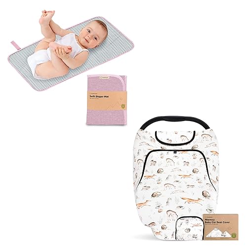 KeaBabies Cambiador de pañales portátil y funda de asiento de automóvil para bebés, tapete cambiador plegable impermeable para bebé, toldo para